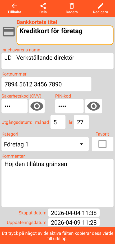 LocalSafeBox - Konsultation av ett bankkort