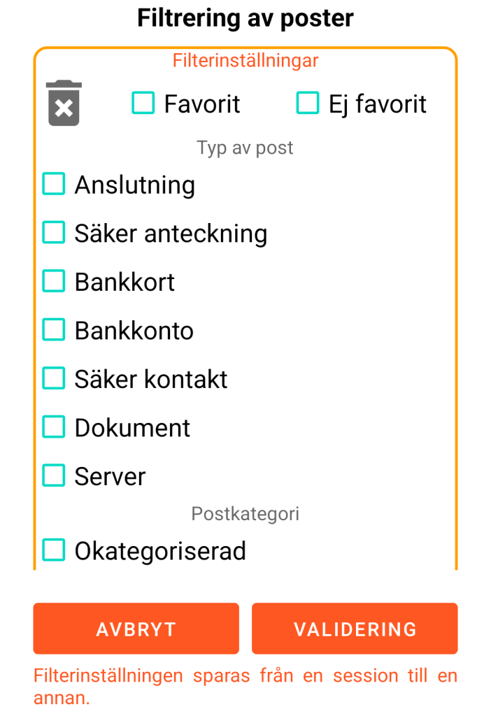 LocalSafeBox - Filtrering av poster