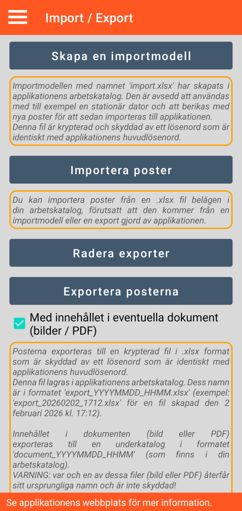 LocalSafeBox - Hantering av import / export i XLSX-format