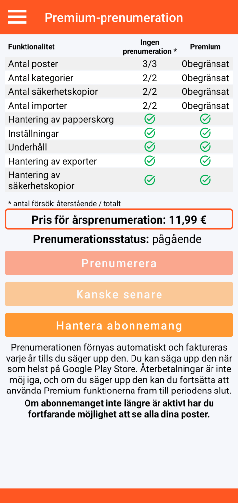 LocalSafeBox - Hantering av Premium-prenumeration