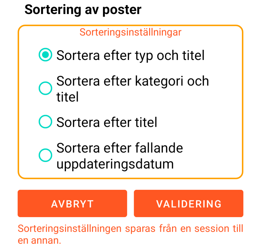 LocalSafeBox - Sortering av poster