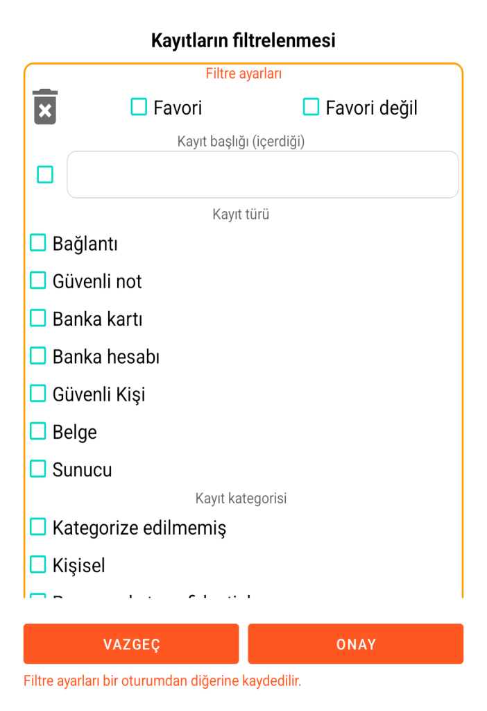 LocalSafeBox - Kayıtların filtrelenmesi