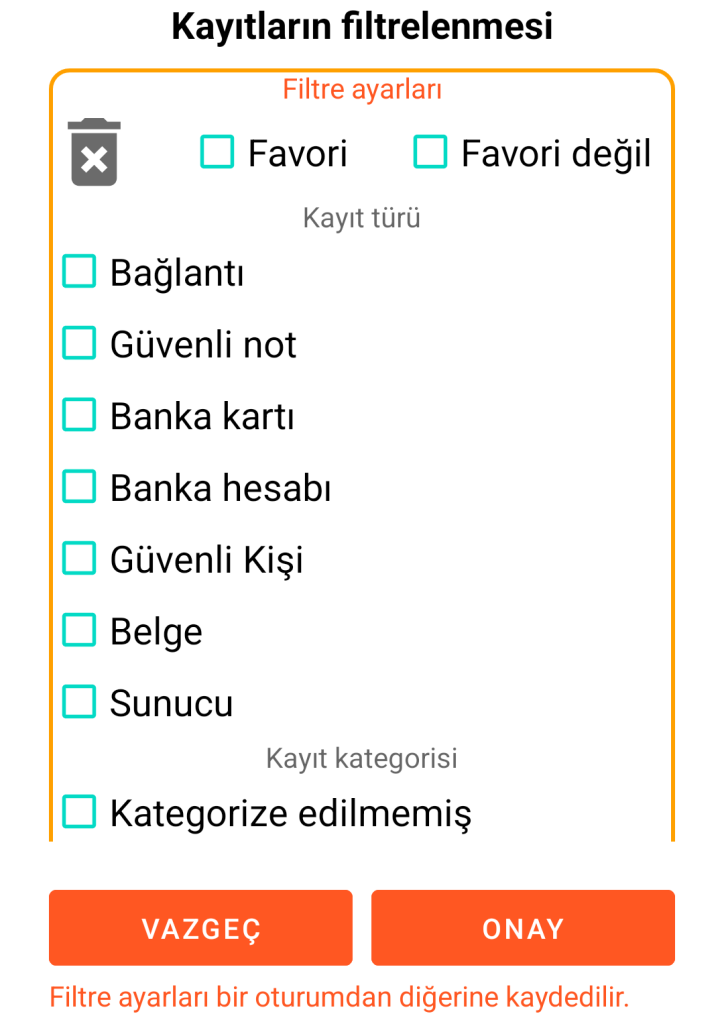 LocalSafeBox - Kayıtların filtrelenmesi