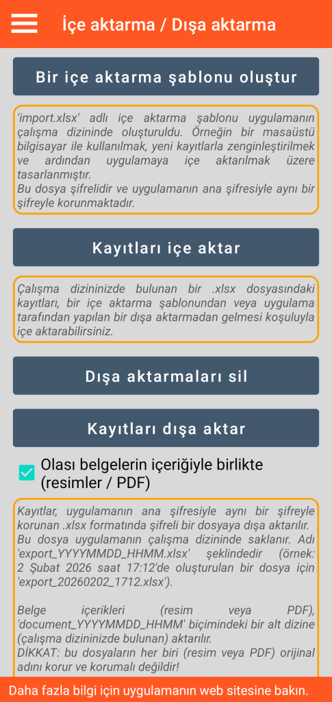 LocalSafeBox - XLSX formatında içe / dışa aktarma yönetimi