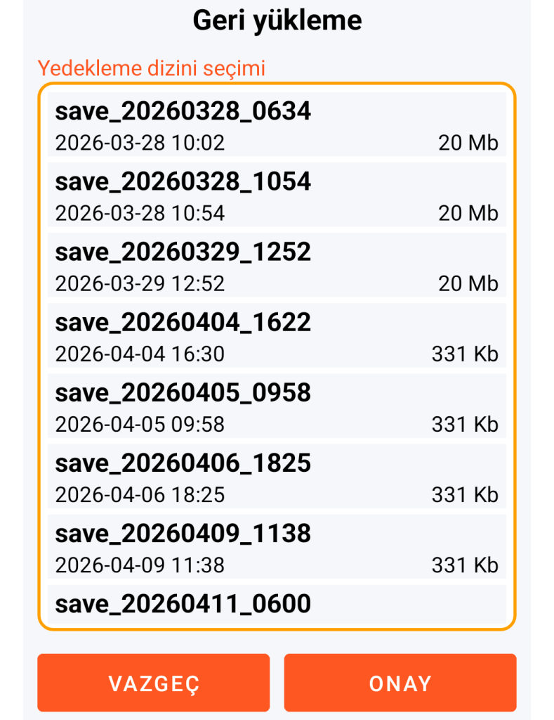 LocalSafeBox - Geri yüklenecek yedeğin seçimi