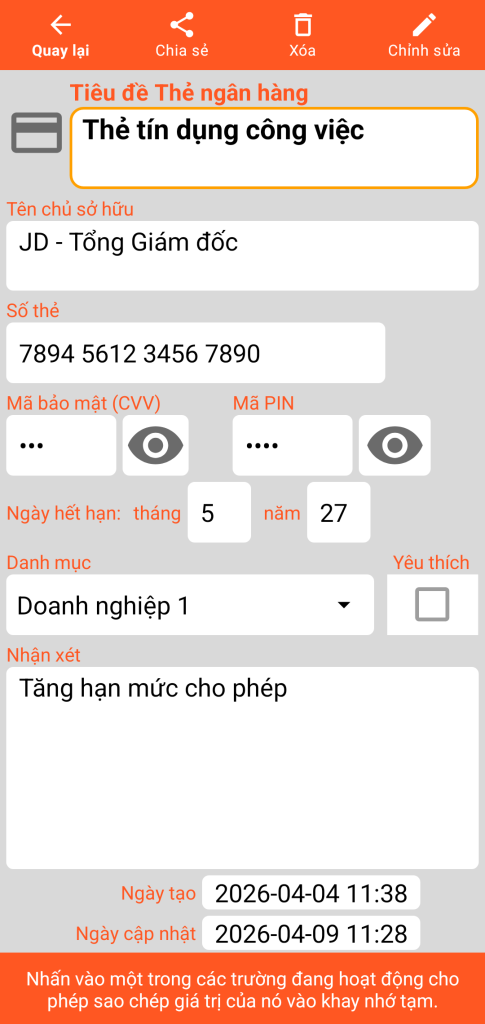 LocalSafeBox - Tham vấn một Thẻ ngân hàng