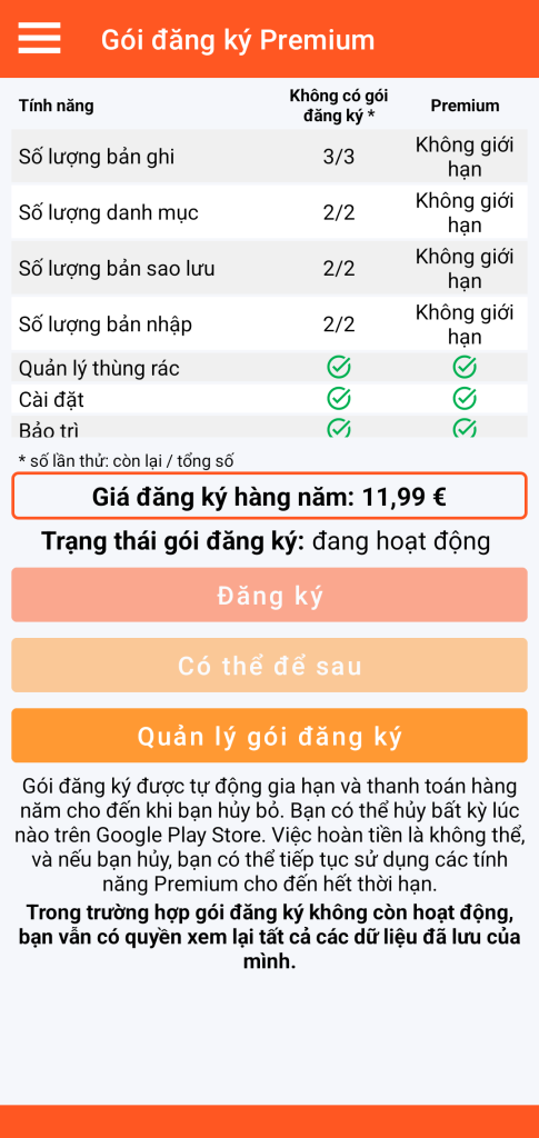 LocalSafeBox - Quản lý gói đăng ký Premium