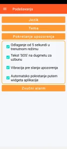 SOS Universal - podešavanje aktiviranja upozorenja